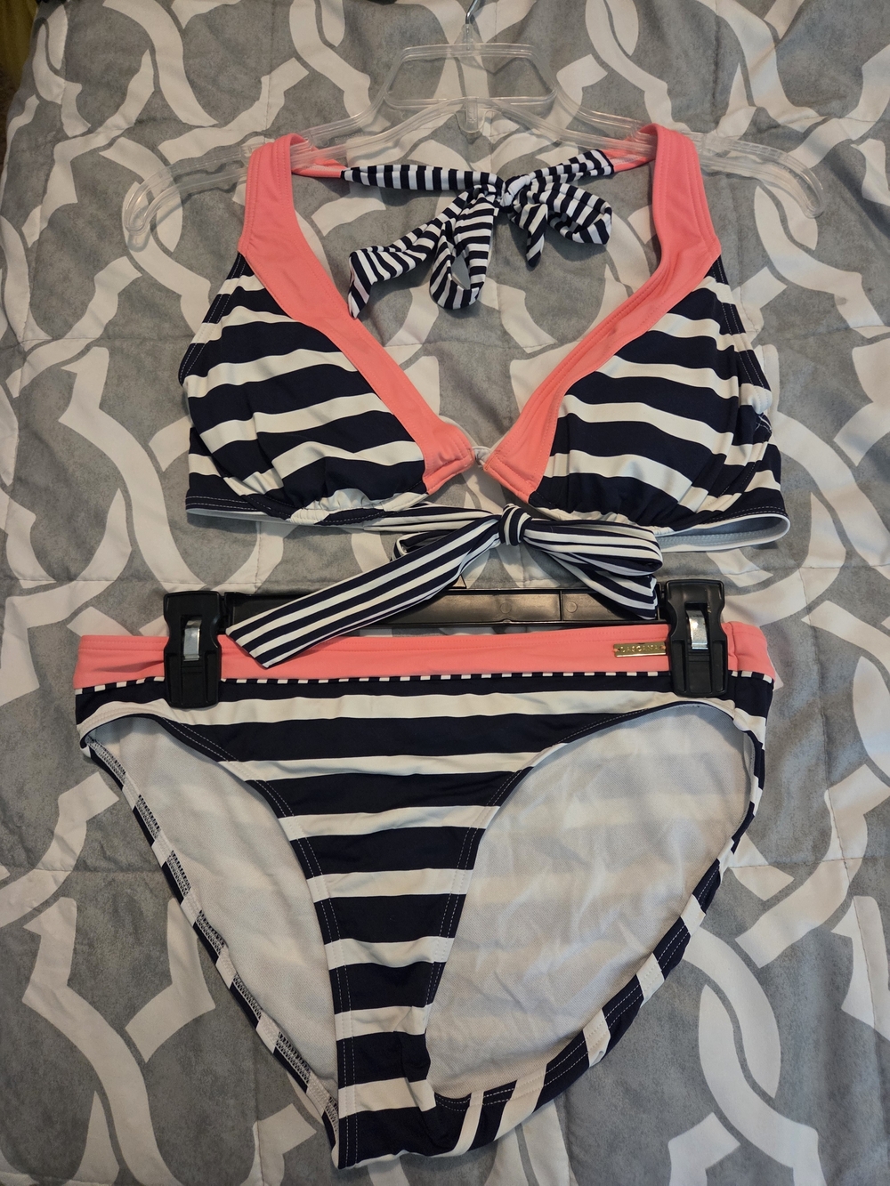 VENUS Navy & White Striped Bikini with Coral Trim